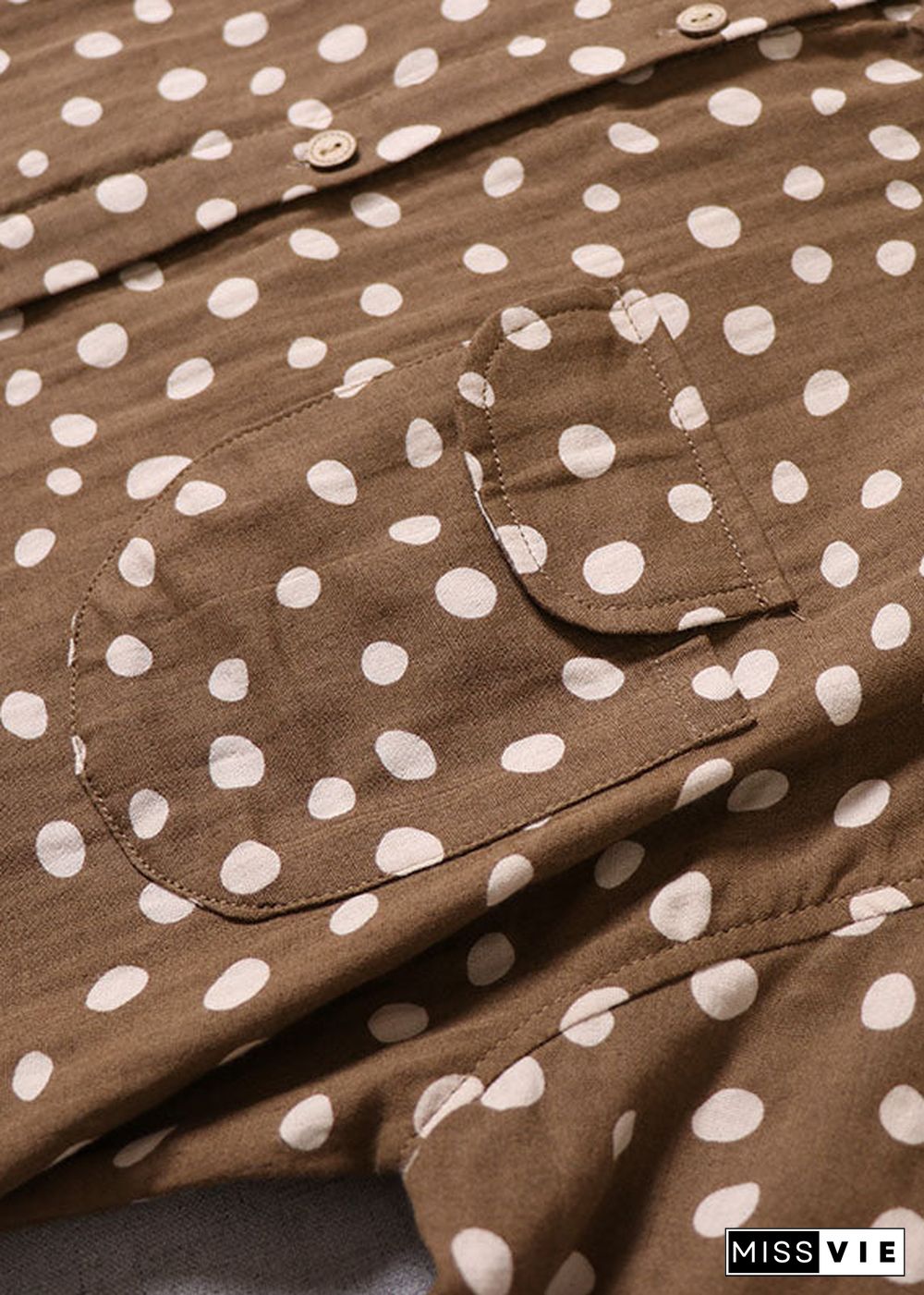 French Yellow Brown Button Dot Print Cotton Dress Spring