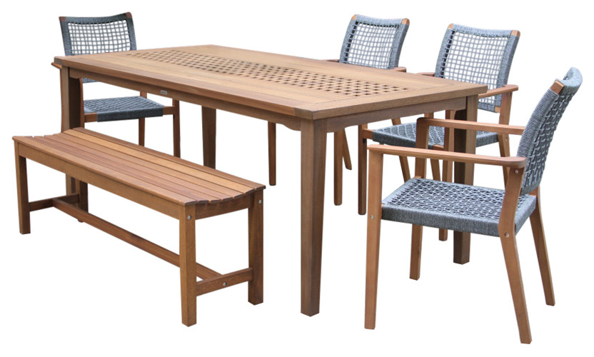 6 Piece Eucalyptus Checkerboard Dining Set With Rope Chairs   Beach Style   Outdoor Dining Sets   by Outdoor Interiors  Houzz