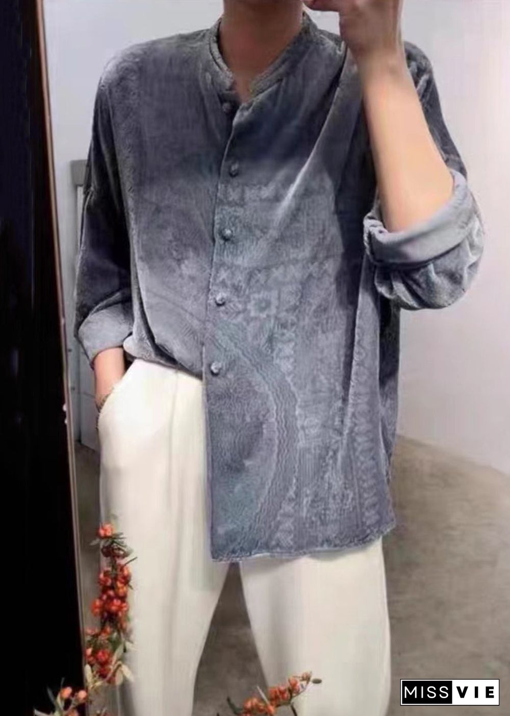 Unique Grey Button Patchwork Silk Velour Shirts Long Sleeve