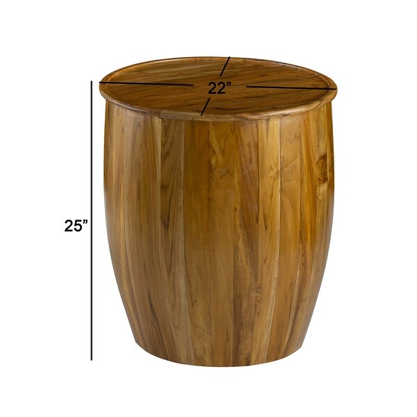 25 Inch Round Accent Side Table， Mango Wood， Barrel Shape， Classic Brown