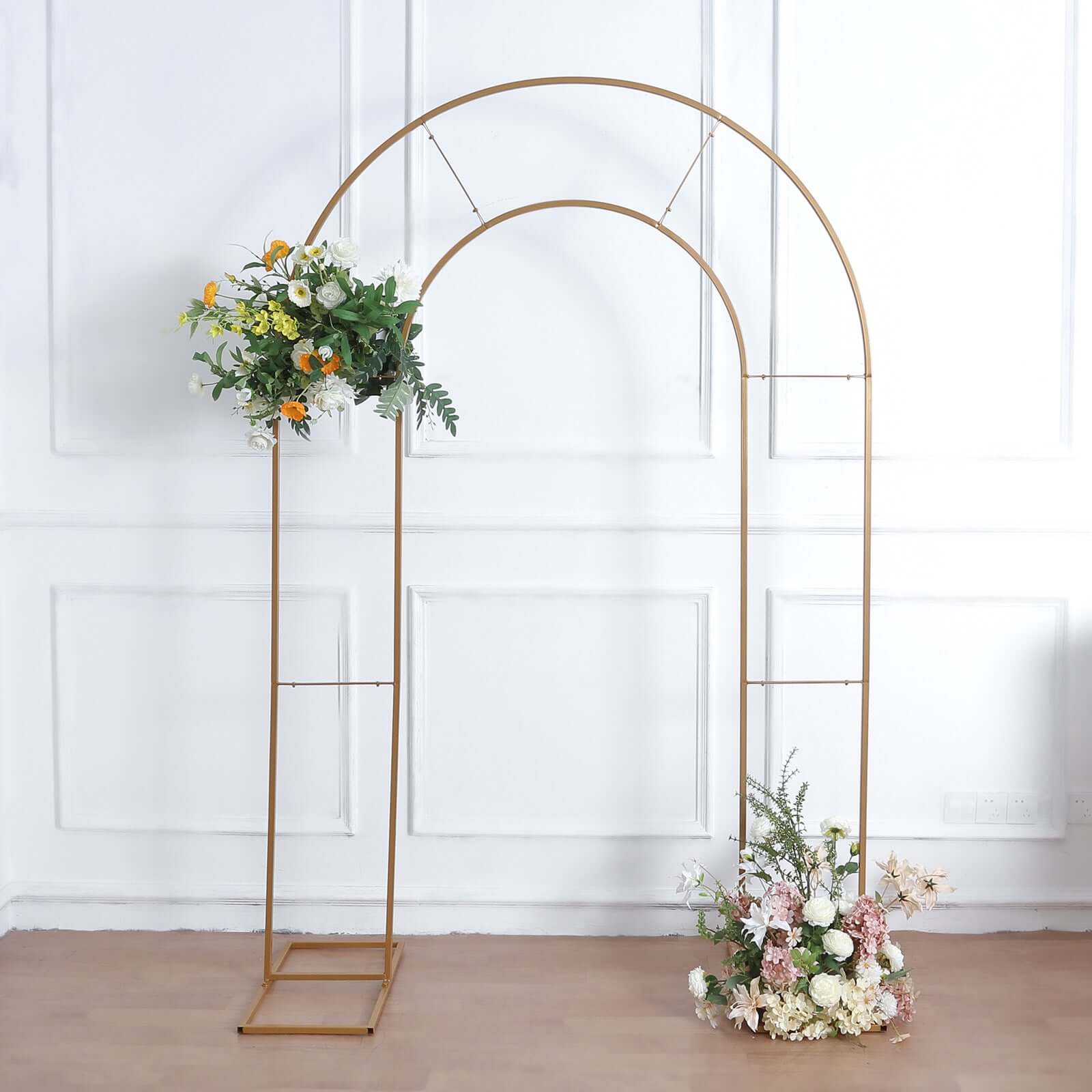 Gold Metal Round Top Double Arch Wedding Backdrop Stand, Flower Balloon Frame Ceremony Arbor 8ft Tall