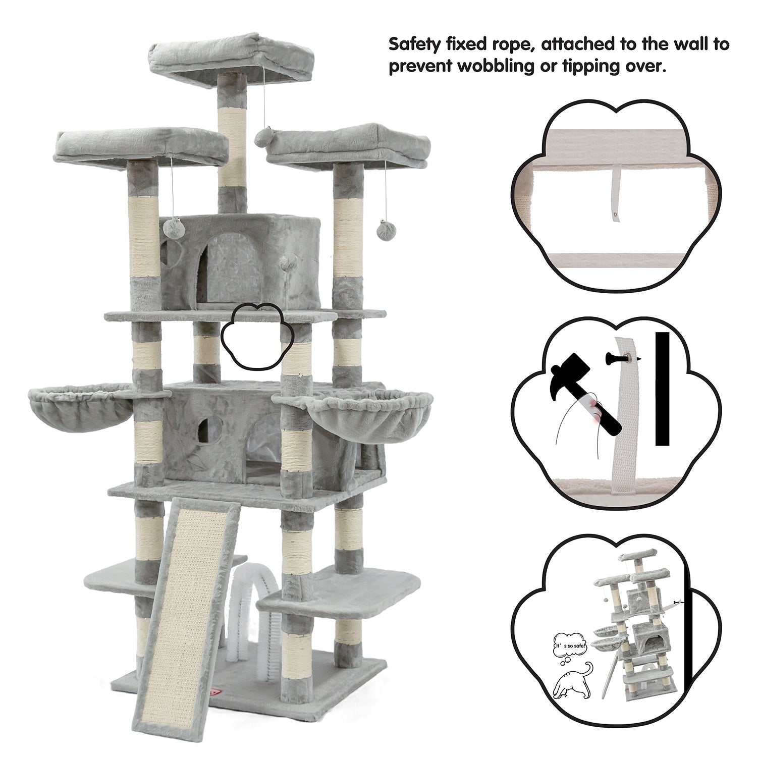 68 Inches Multi-Level Cat Tree Large,Big Cat Tower with Sisal Scratching Posts,Grooming Arch,Cozy Plush Cat Perches and Hammocks,Cat Activity Center Cat Condo Play House(Gray)