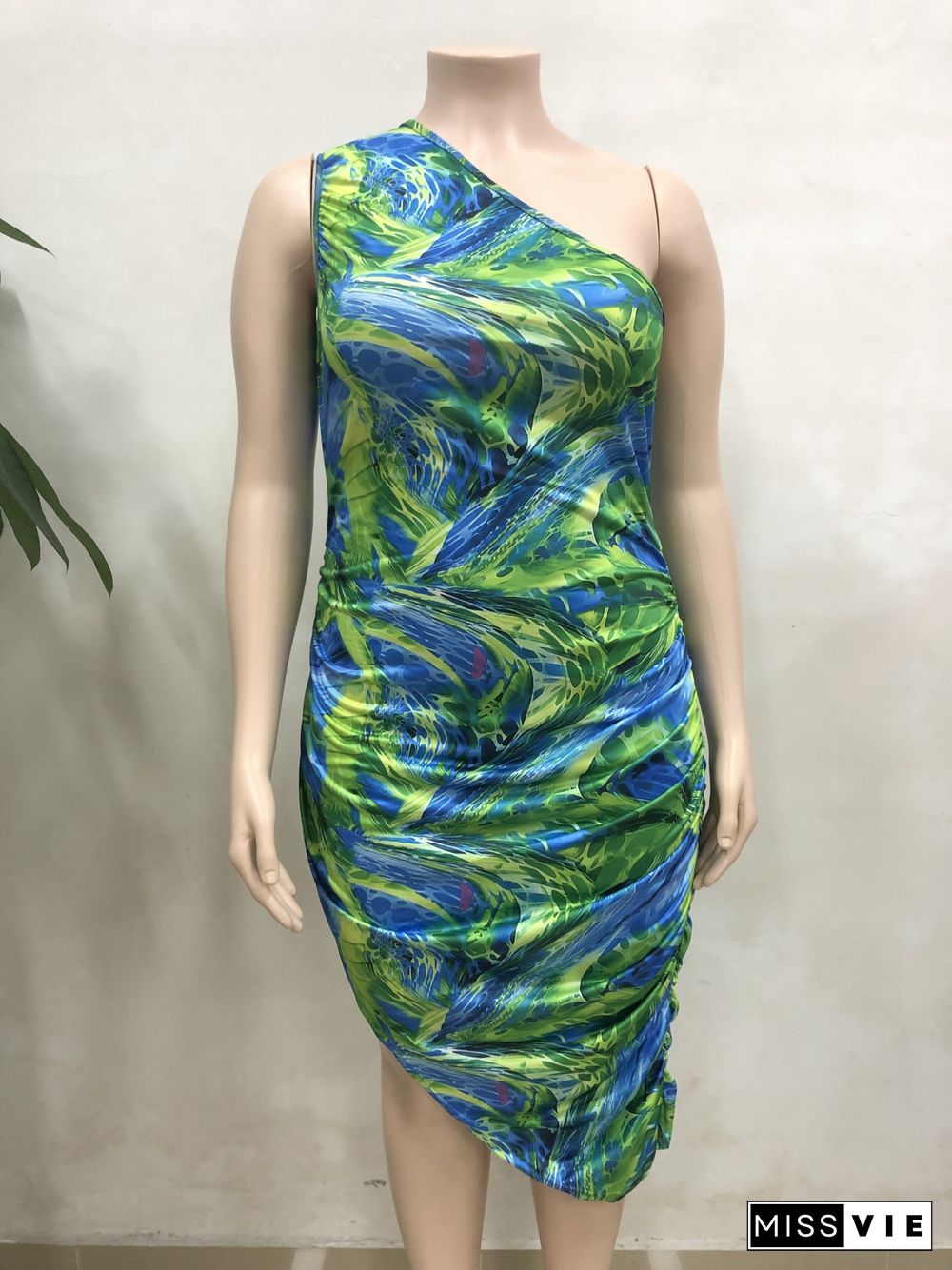 Sexy Bodycon Elastic Summer Tie Dye Print Women One Shoulder Sleeveless Asymmetry Party Midi Dress