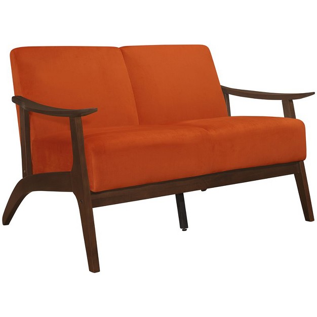 Carlson Velvet Upholstered Loveseat In Orange And Dark Walnut Lexicon