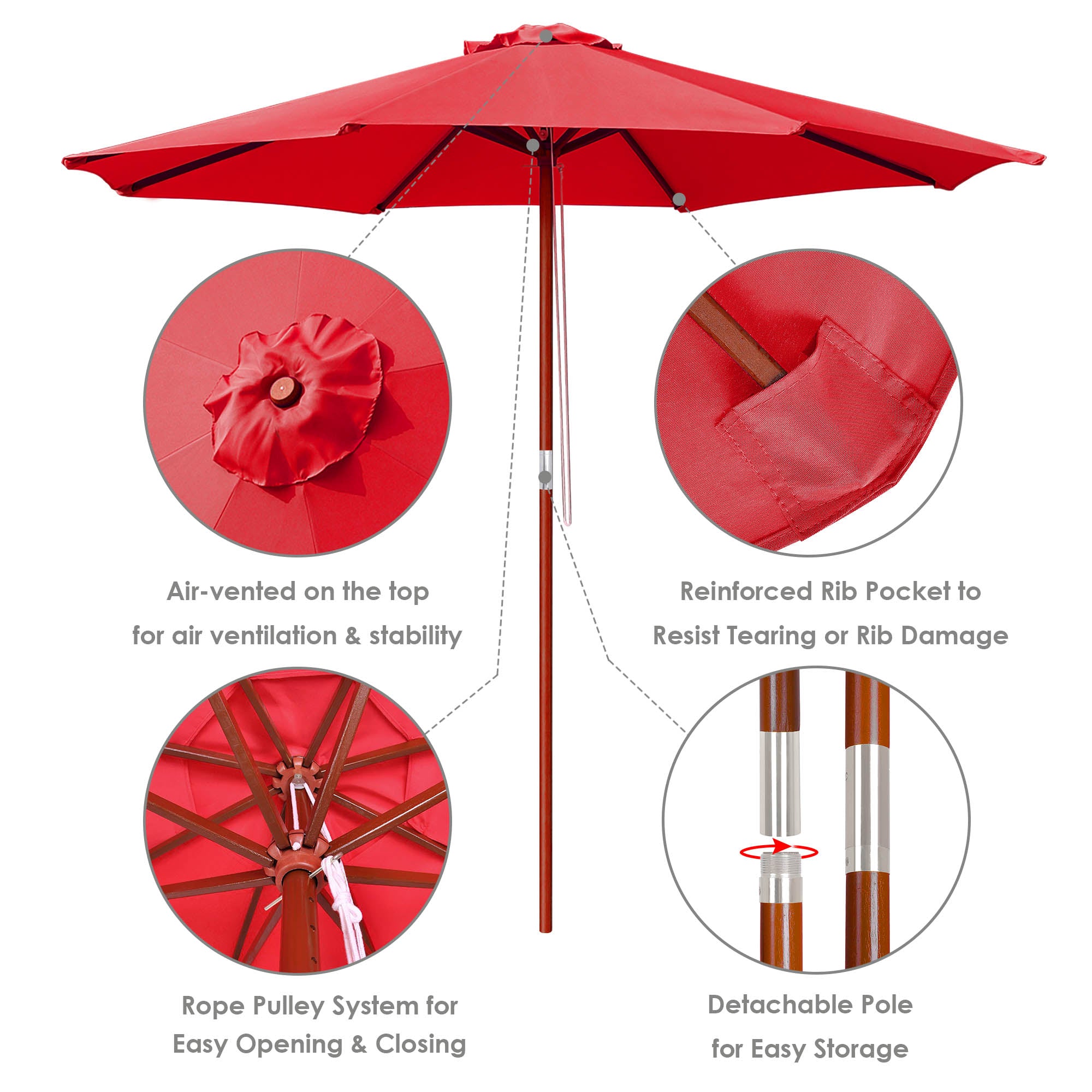 LAGarden 9ft Wooden Outdoor Patio Red Umbrella W/ Pulley Market Garden Yard Beach Deck Cafe Sunshade