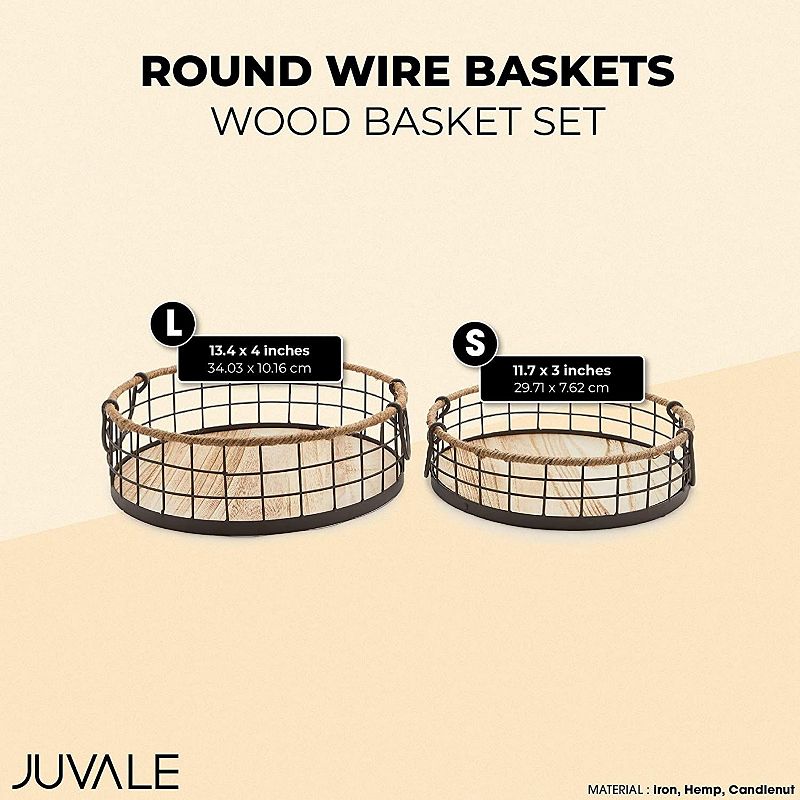 Round Wooden Wire Basket Trays with Handles， Farmhouse Decor (2 Sizes， 2 Pack)