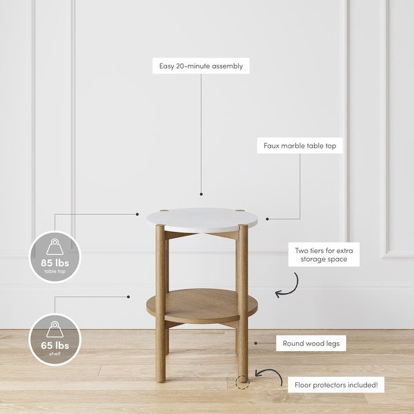 Nathan James Tucker Round Accent Small Side Table， Wood Sofa End Table with Marble Top for Living Room or Bedroom