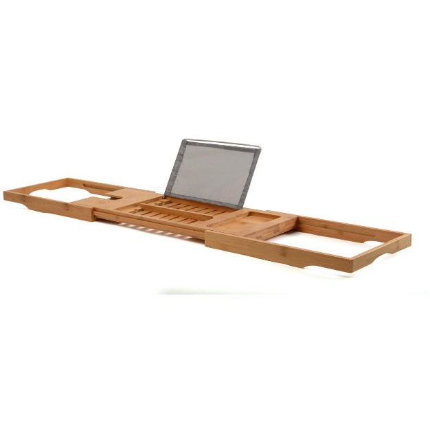 Bambusi Bamboo Bathtub Tray With Extending Sides Reading Rack Tablet Holder Cellphone Tray amp Integrated Wine Glass Holder