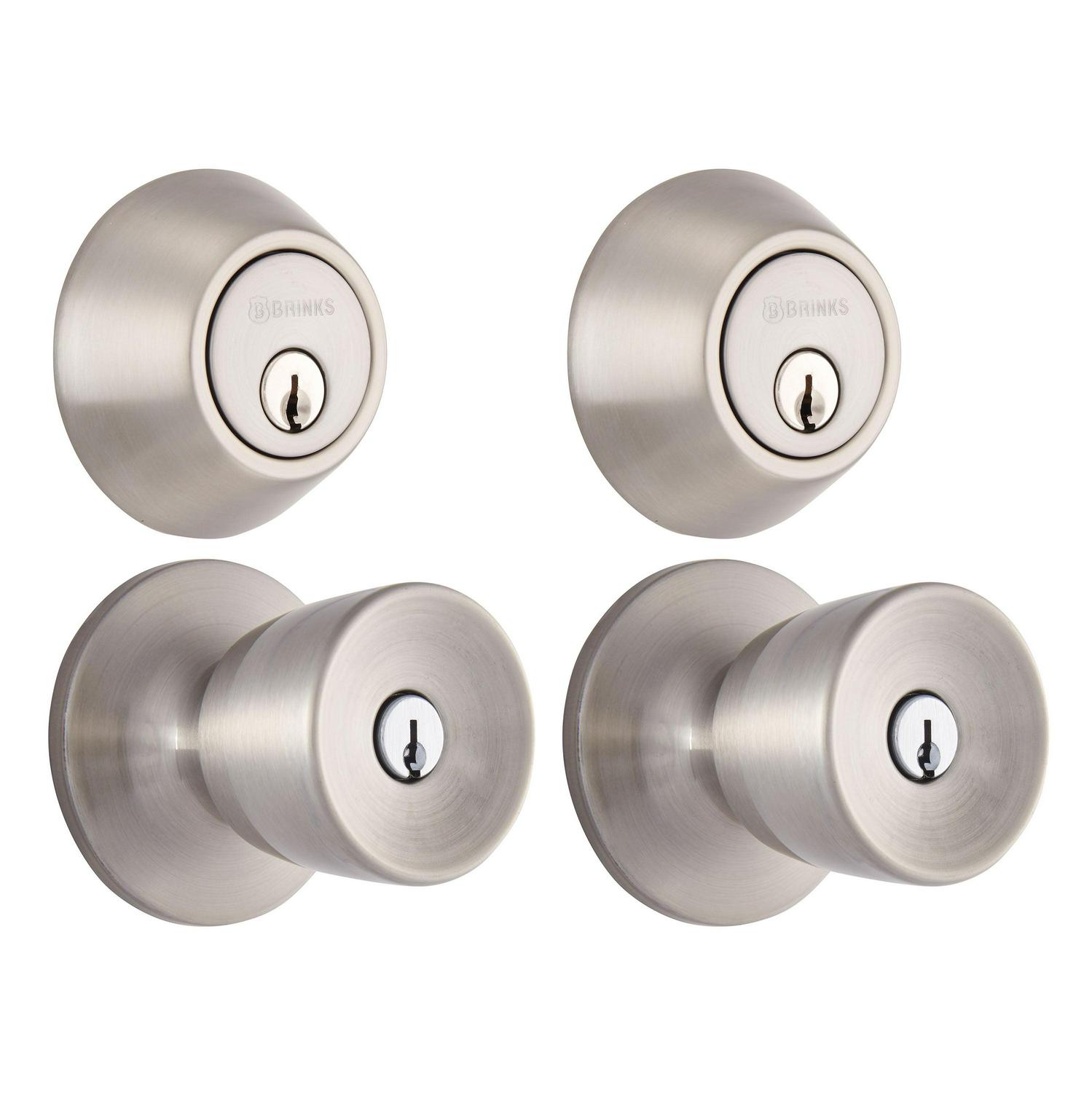 Brinks Keyed Entry Tulip Doorknob and Deadbolt Combo， Satin Nickel Finish， Twin Pack