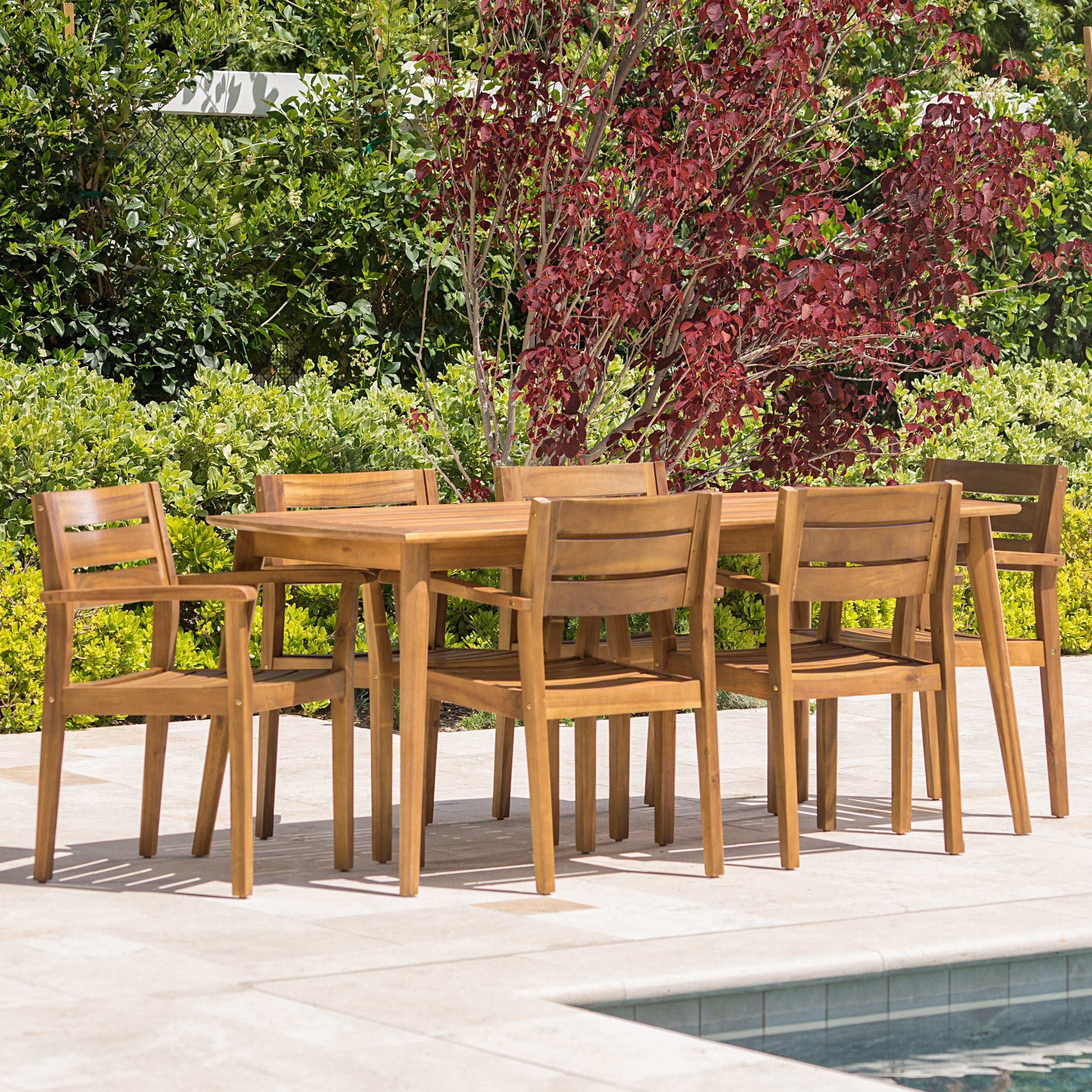 Stanford Outdoor Teak Finish Acacia Wood 7 Piece Dining Set