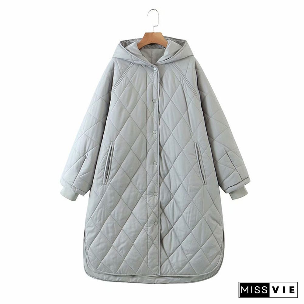 New Winter Oversize Fashion Vintage Plaid Hooded Parka Women Casual Pockets Cotton Jackets Coat Loose Long Outwear Female