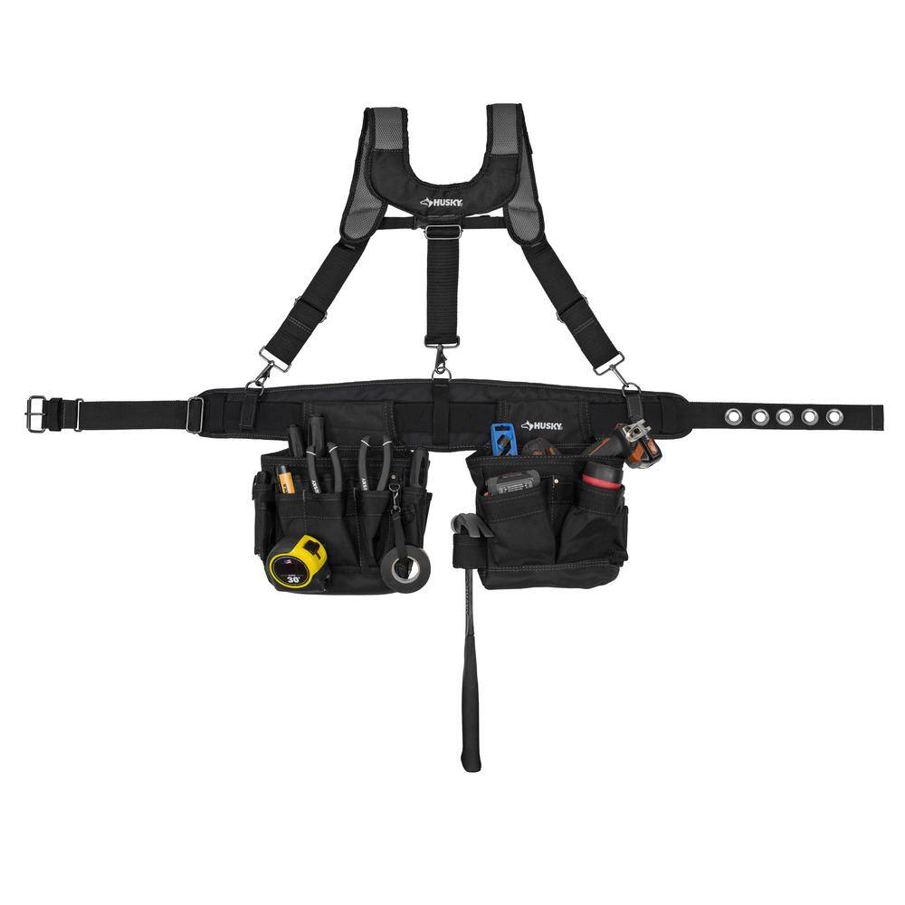 Husky 2-Bag 14-Pocket Black Electricians Suspension Rig Work Belt with Suspenders HD00146