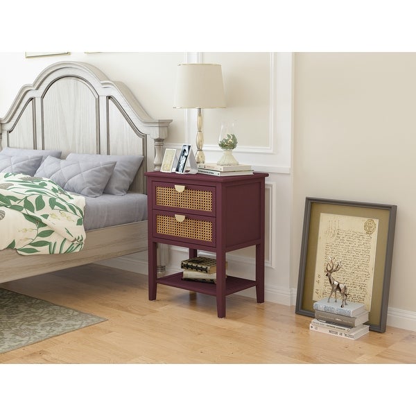 Wooden End Table with 2 Drawers Made Of Rattan