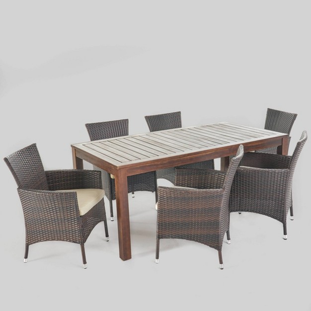 Lincoln 7pc Acacia Wood amp Wicker Patio Dining Set Dark Brown Christopher Knight Home