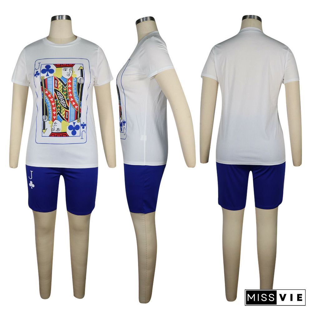 White Poker Printed Short Sleeve Tshirt Tight Shorts Set