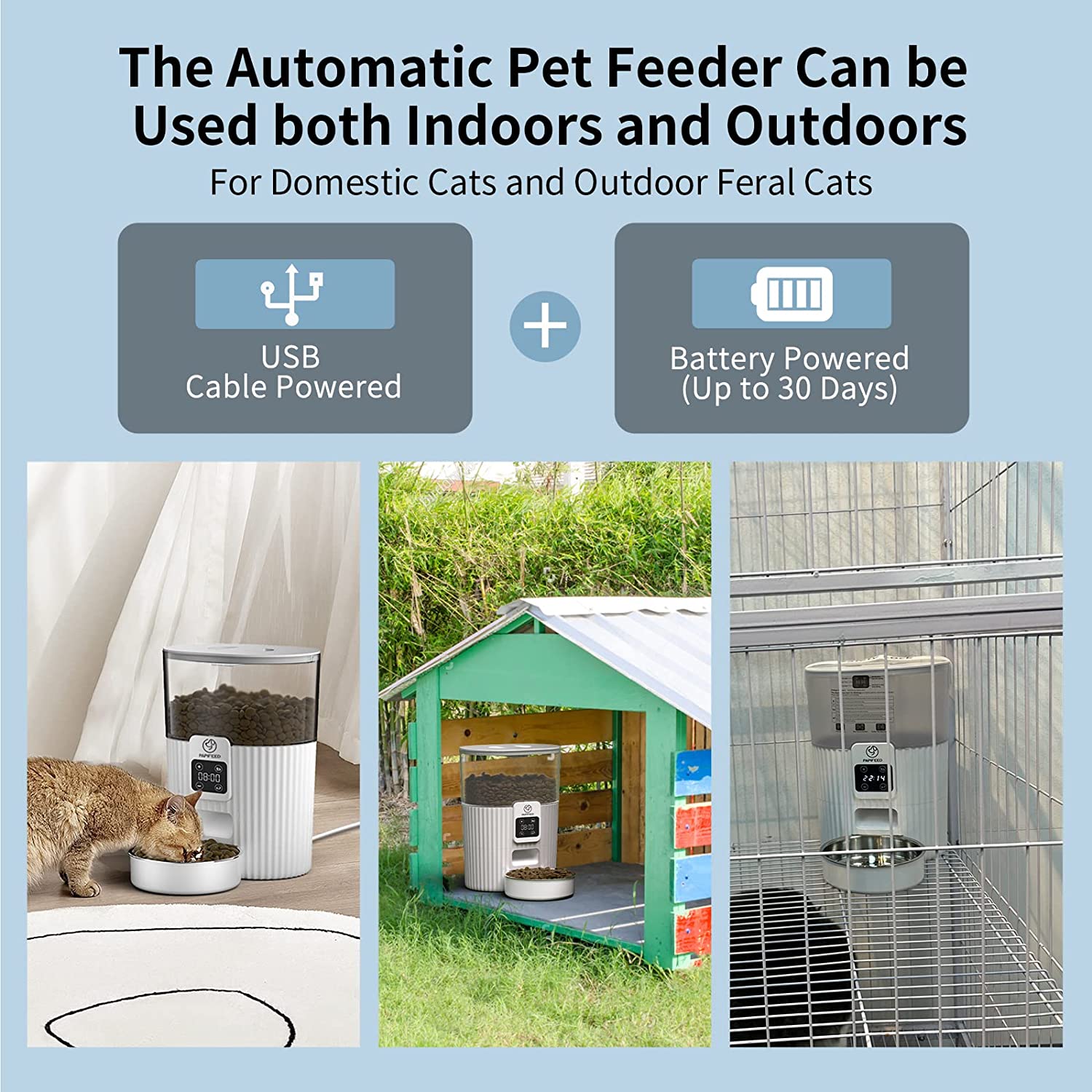 Timed Automatic Cat Feeders: Pet Smart Dry Food Dispenser with Stainless Steel Bowl， Programmable Portion Control Auto Feeder， Outdoor Battery Operated Up to 30 Days， for Cats and Small Dogs…