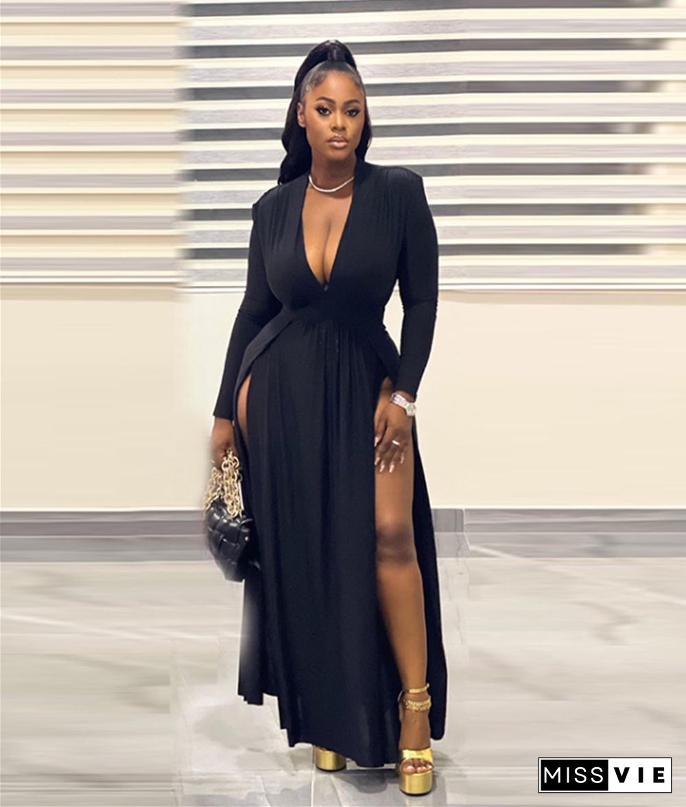 Deep V Neck Long Sleeves High Slit Evening Dress