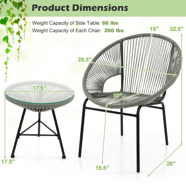 Tangkula 3 Pieces Acapulco Chair Set Wicker Conversation Bistro Set W Tempered Glass Table