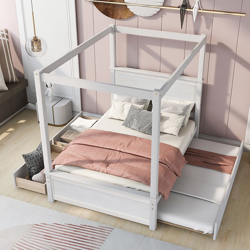 Merax Canopy Platform Bed with Trundle Bed， Wood Canopy Bed