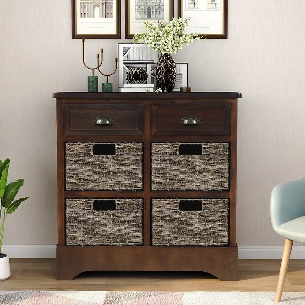 Rustic Storage Cabinet with Two-Drawer and Four Classic Rattan Basket