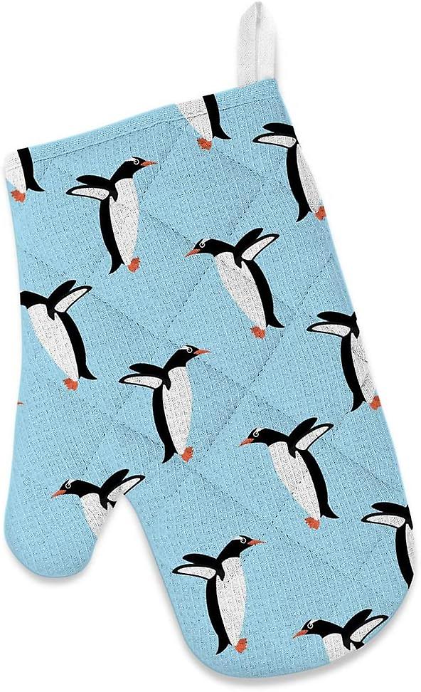 Insulation Kitchen Oven Mitts Potholder Apron 3pcs Set Penguin On Cyan Background Non Slip Heat Resistant Gloves For Baking Cooking Bbq