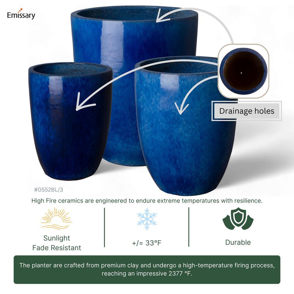 Emissary Tall 19 in. D x 24 in. H Blue Ceramic Round Planter with Drainage Hole 0552BL-2