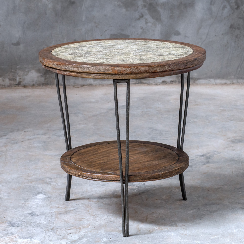 Rustic Vintage Style Wood Metal Accent Table Round Shelf Gray Cottage Hammered   Industrial   Side Tables And End Tables   by My Swanky Home  Houzz