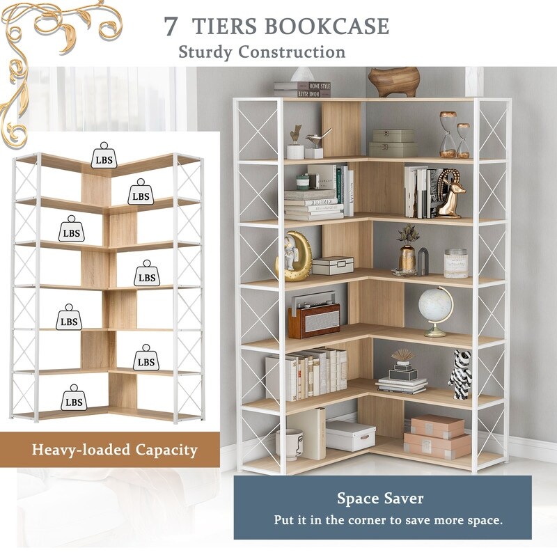 L Shaped 7 Tier Corner Bookshelf and Bookcase