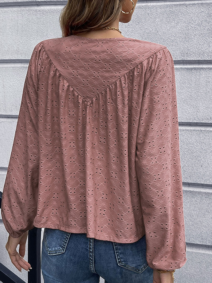 Round Neck Casual Loose Hollow Embroidered Long Sleeve Blouse