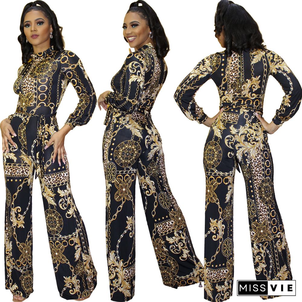 Chain Printed Long Sleeve High Waist Wide Leg Jumpsuit