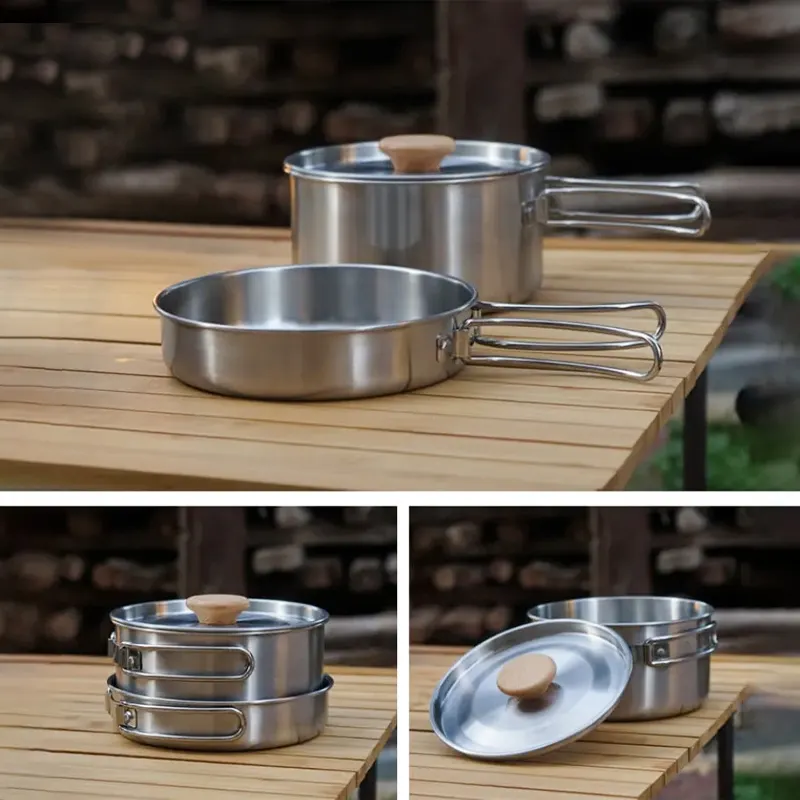 Outdoor mountaineering 304 stainless steel folding handle pot camping portable frying pan soup pot family picnic pot set