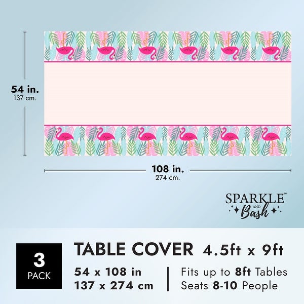 3 Pack Pink Flamingo Tablecloth， Tropical Luau Birthday Party Plastic Table Cover (54 x 108 in)