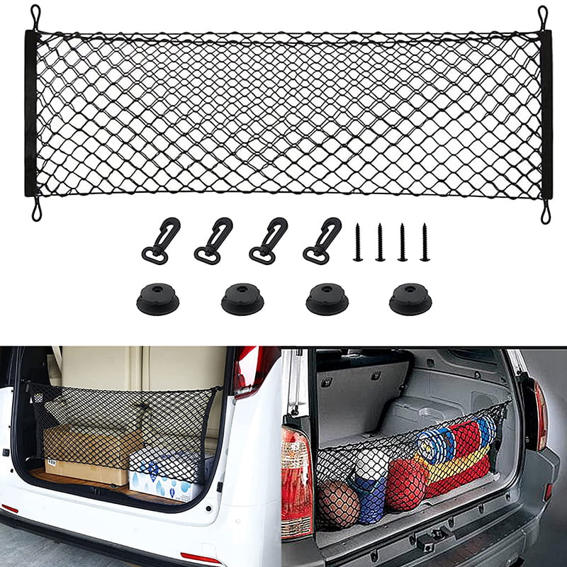 Universal Trunk Cargo Net， Rear Cargo Net Stretchable， Storage Mesh Double-Layer with Hooks， Trunk Cargo Organizer Compatible for SUV， Jeep， Truck