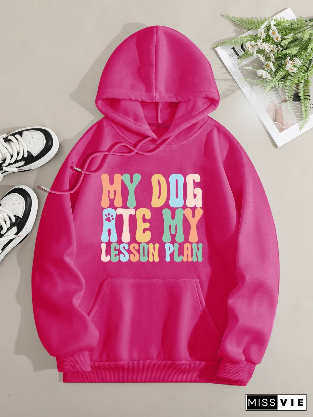 Printed on front Kangaroo Pocket Hoodie Long Sleeve for Women Pattern my dog ate my lesson plan