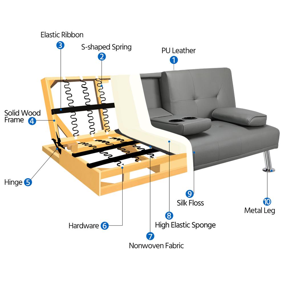 LuxuryGoods Modern Faux Leather Futon with Cupholders and Pillows Gray  Crowdfused