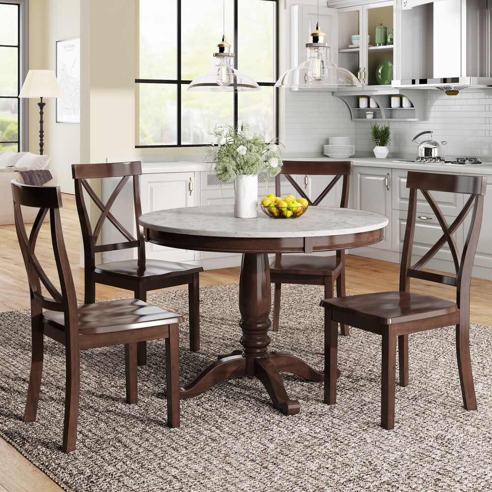 5 Piece Round Dining Table Set for 4 with Drop Leaf   4 Padded Chairs