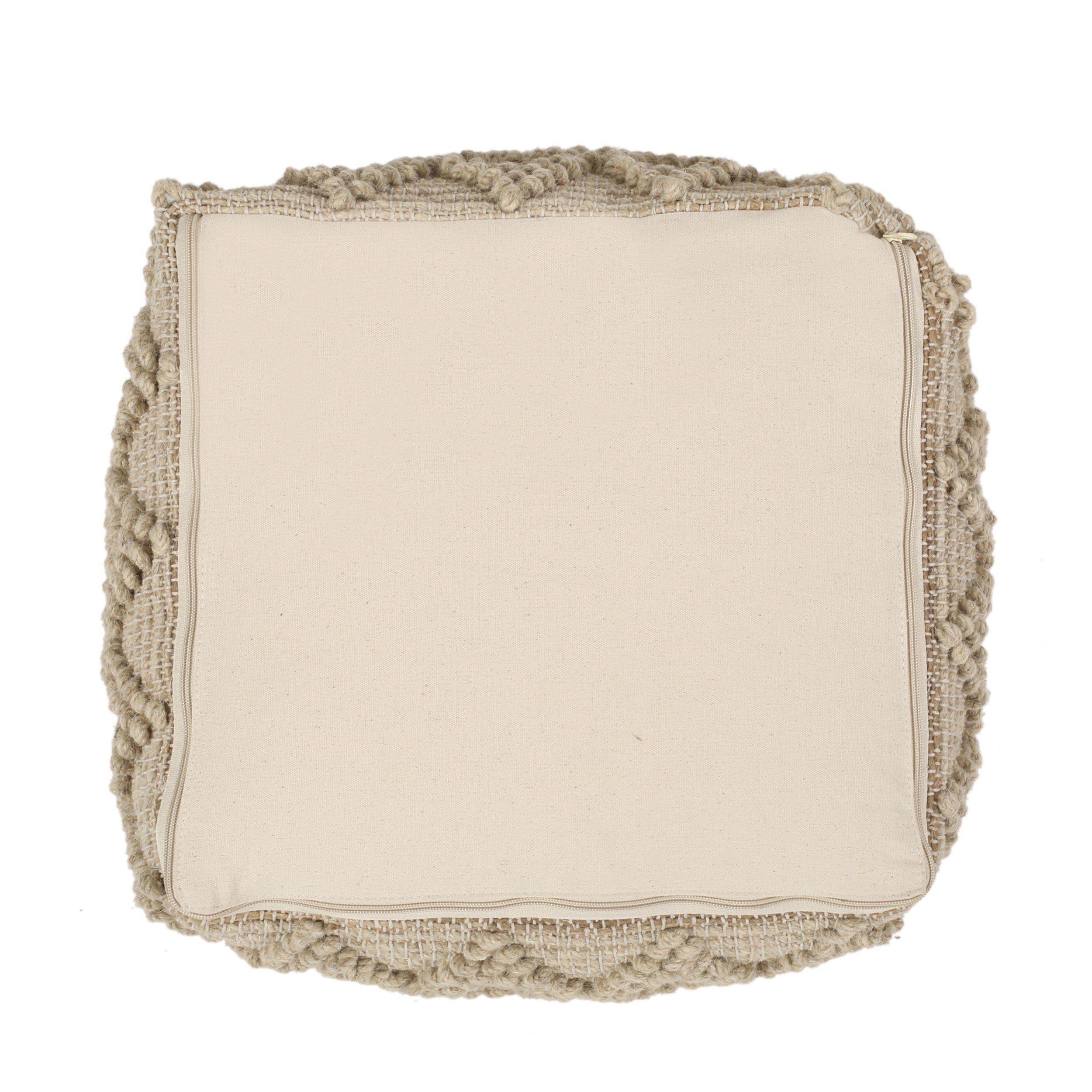 Galion Boho Handcrafted Fabric Cube Pouf, Ivory and Beige