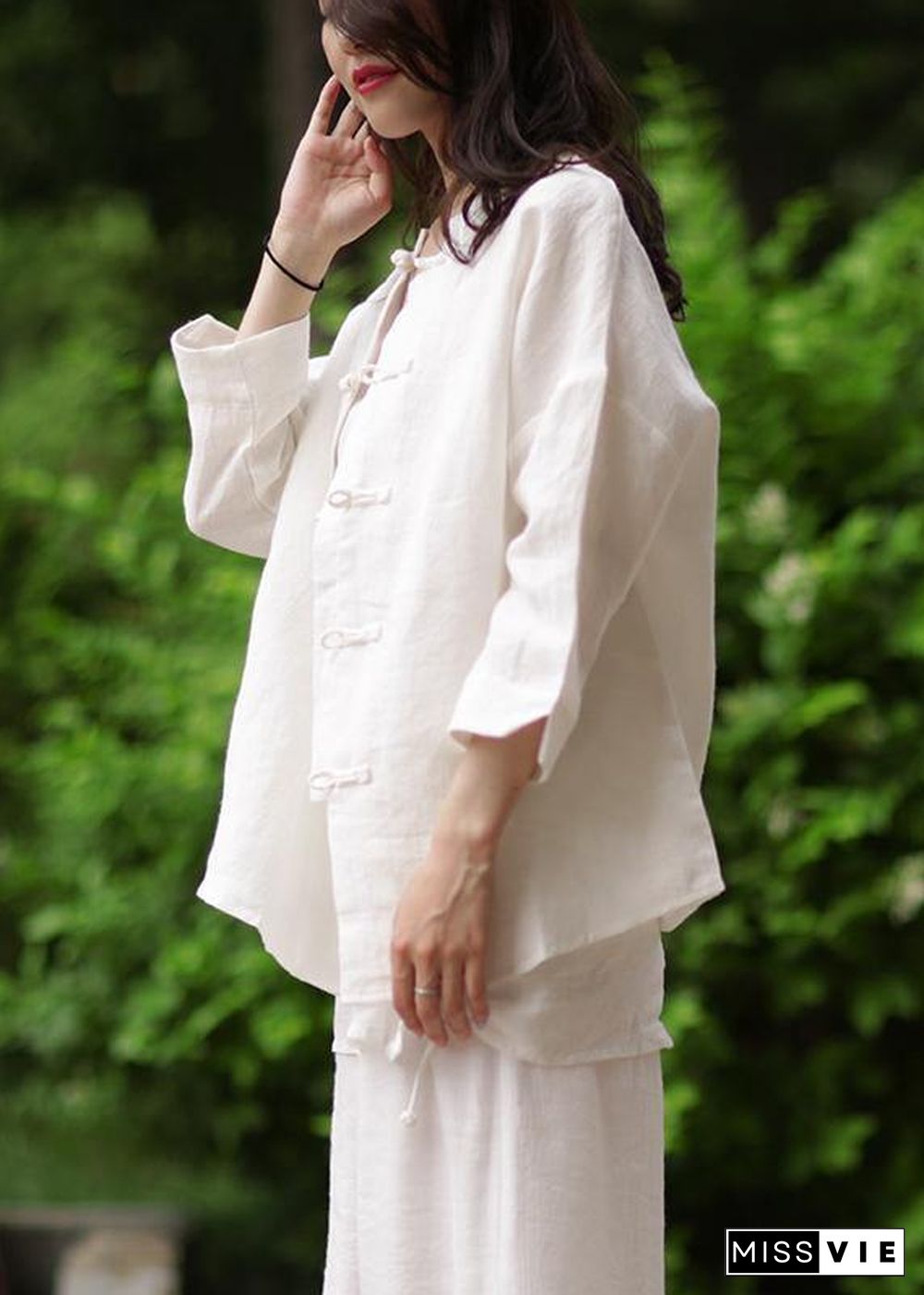 Women stand collar Chinese Button cotton Blouse white silhouette blouse