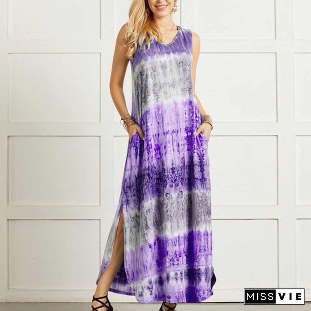 Womens Bohemia Sleeveless Maxi Dress Summer Casual Loose Tie Dye Printing Long Sundress Plus Size