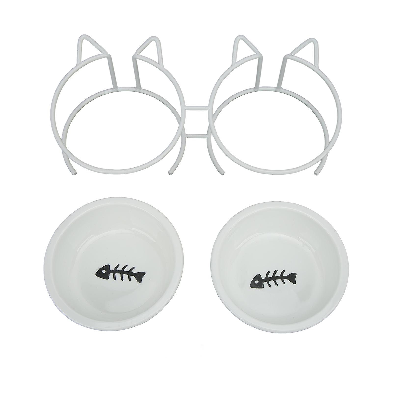 Pet Double Ceramic Bowl Double Ceramic Raised Cat Bowls With Metal Stand And Cover For Food And Water