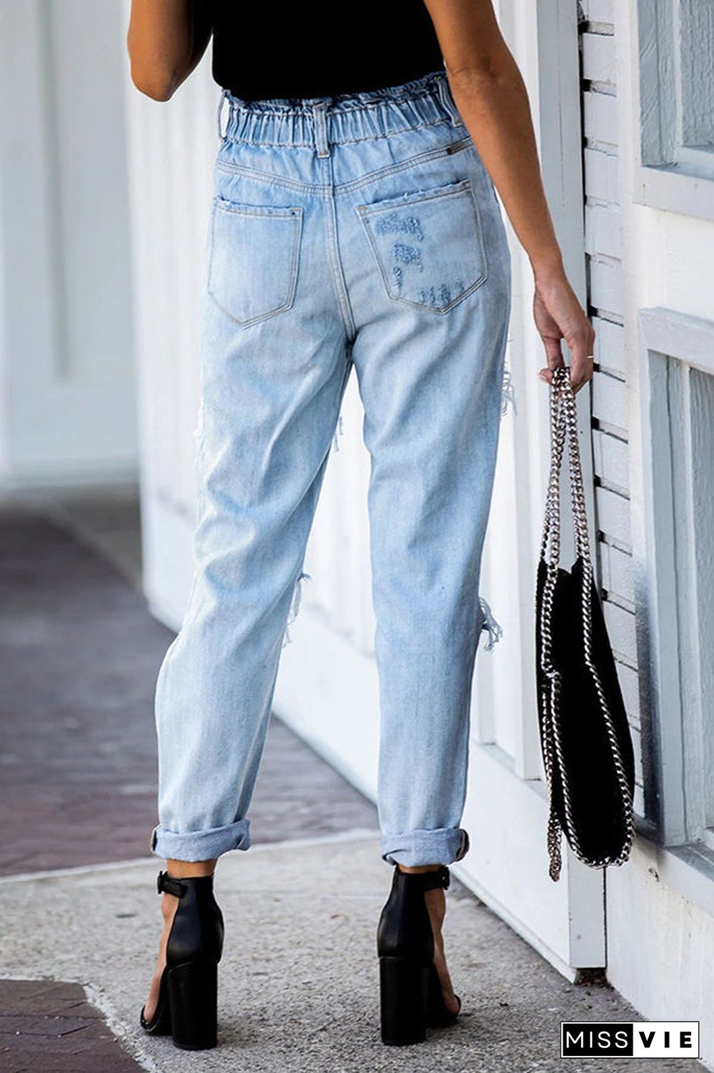 Kristen Paperbag Waist Distressed Mom Jeans