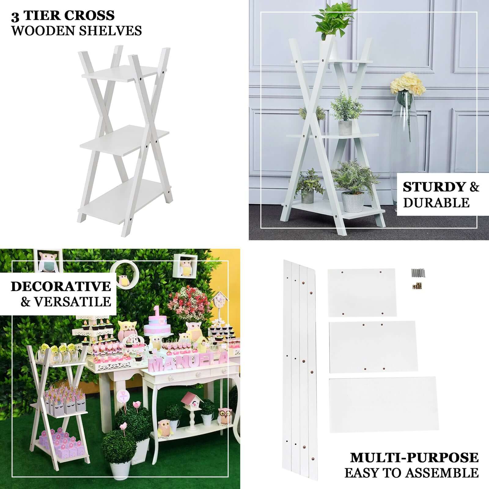 3-Tier White Wooden Plant Stand, X-Frame Display Shelf Accent Rack 44