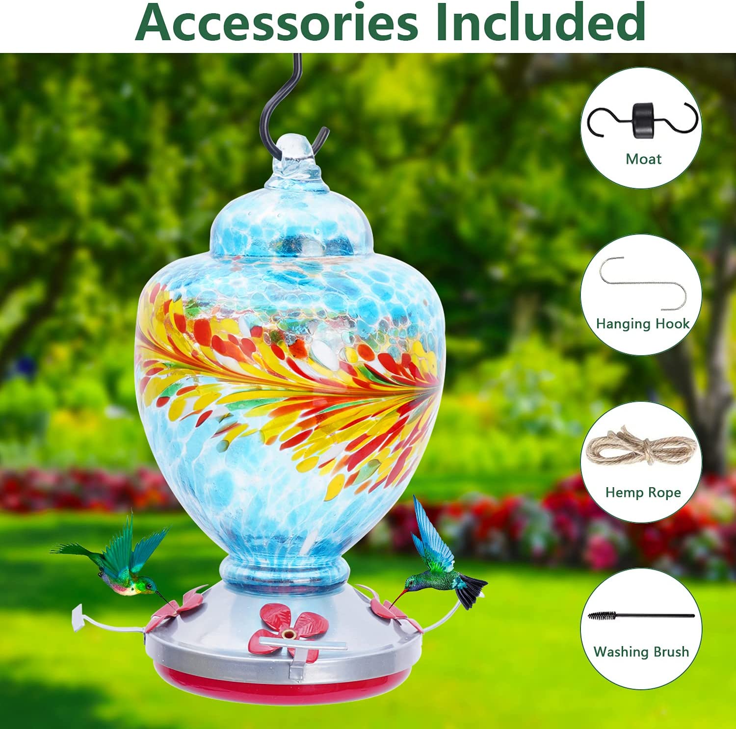 Viajero Hummingbird Feeders for Outdoors， Large 38oz Hand Blown Glass Leak-Proof Hummingbird Feeder with 4 Perch and Ports， Ant Moat and S-Hook， Easy to Wash Fill， Red Orange Yellow Attract Humming Bird