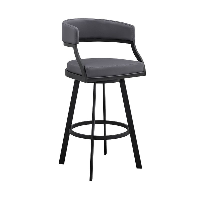 Beth 30 Inch Bar Stool， Curved Back， Swivel Chair， Vegan Faux Leather， Gray