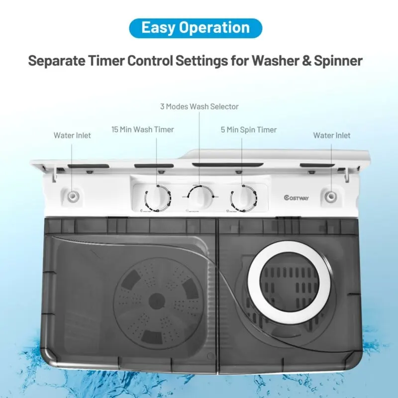 26lbs Portable Semi-automatic Washing Machine with Built-in Drain Pump Twin Tub Washer Spinner Combo