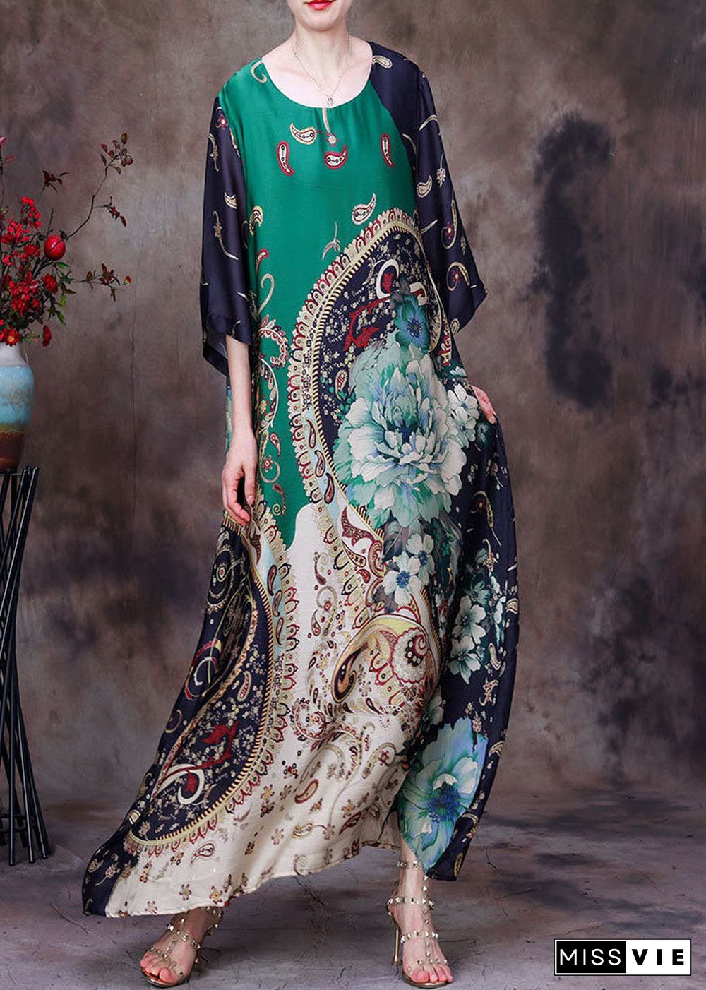 Green Print Silk Long Dresses Asymmetrical Deaign Half Sleeve