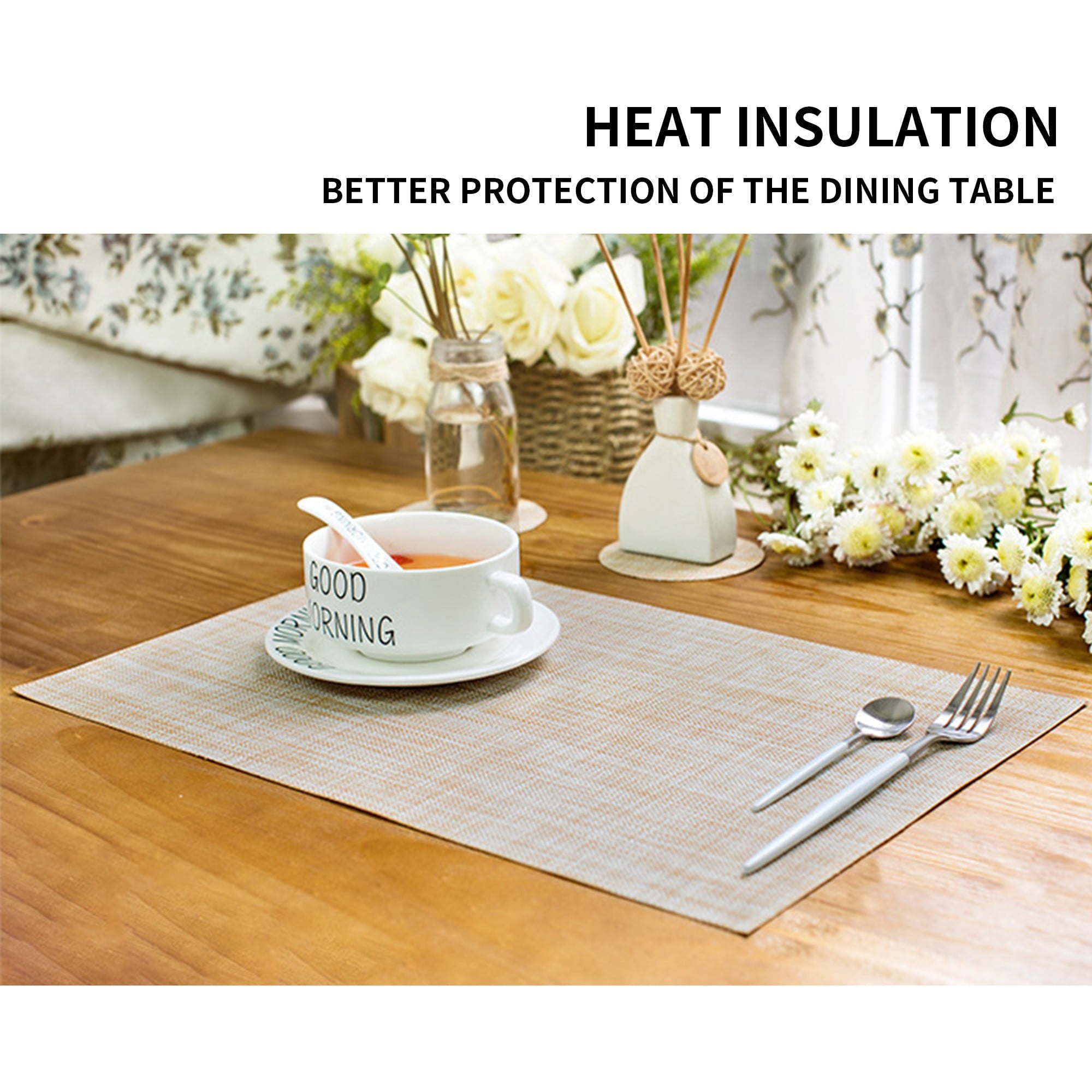 6PCS Square Table Mat， Cotton Linen Woven Placemats， Easy to Clean Kitchen Decor Pad，Heat Resistant，Anti-Skid Dining Mat，Washable 17.7 * 11.8 Inches，Beige