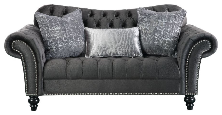 Acme Gaura Loveseat With 3 Pillows Dark Gray Velvet   Traditional   Loveseats   by AMOC  Houzz