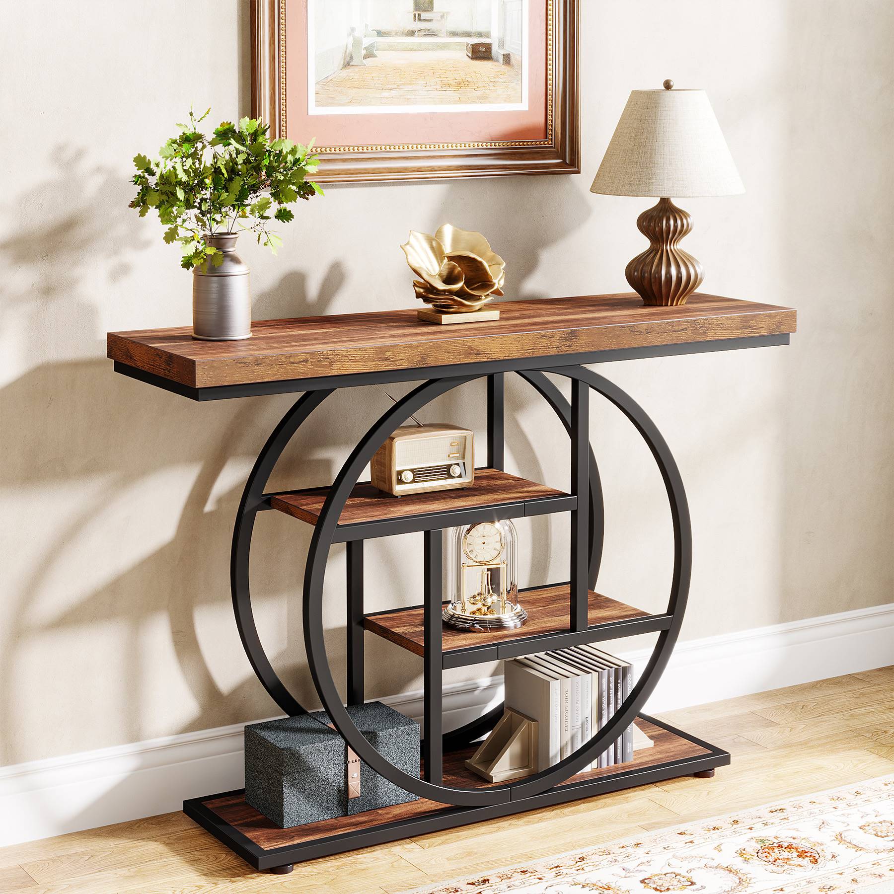 41.3 Console Table, Industrial 4-Tier Sofa Entryway Table with Circle Base