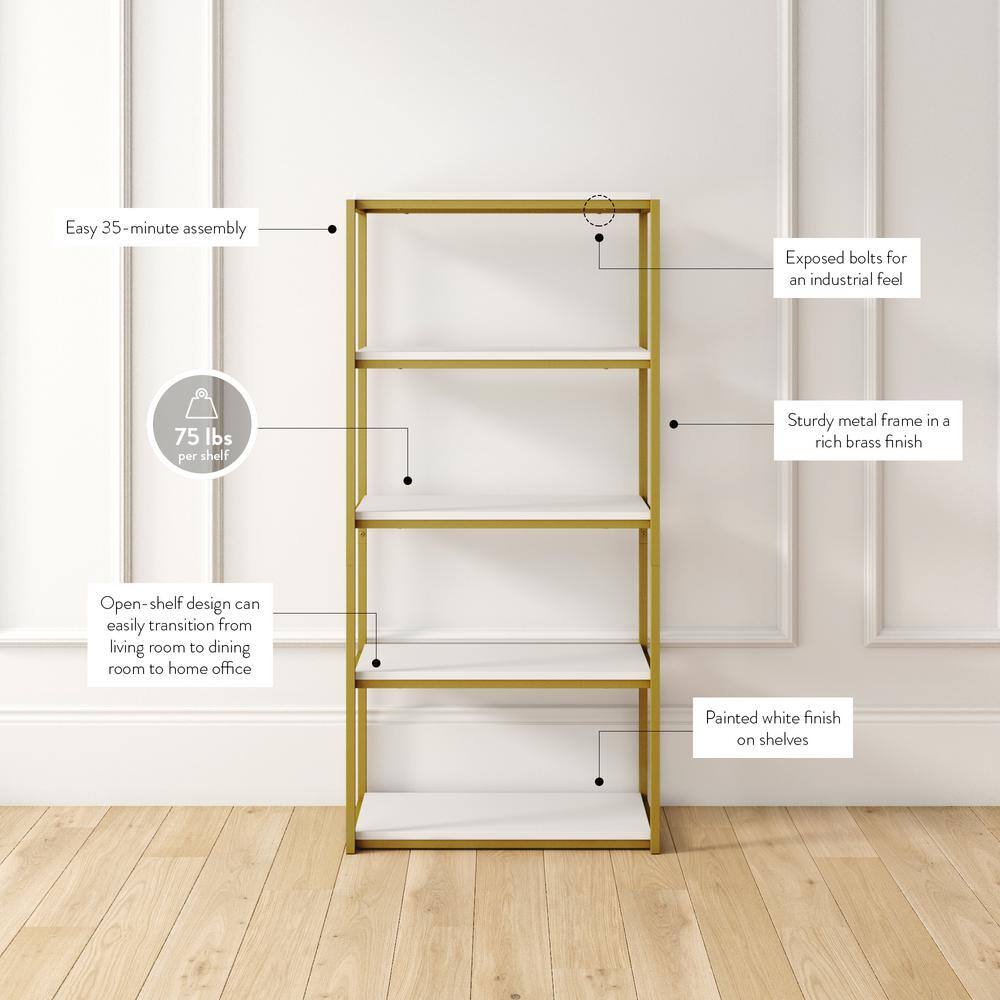 Nathan James Oscar 59 in. WhiteGold Brass Wood and Metal 5-Shelf Modern Etagere Bookcase with Storage Shelves 61102